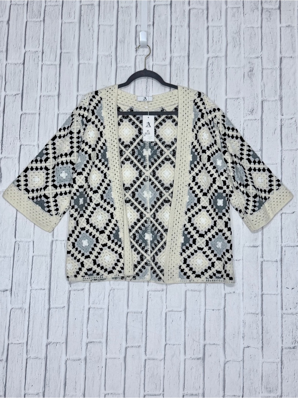 🖤 NWT Crochet Granny Square Open Front Cardigan Black Gray Cream One Size